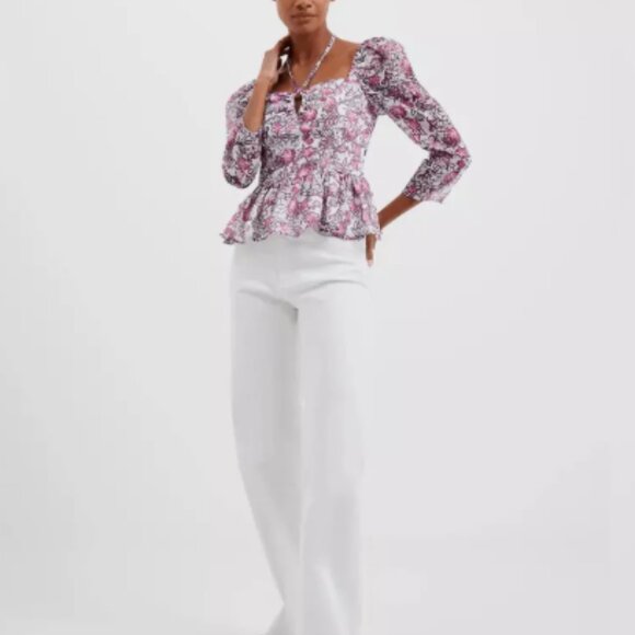 FRENCH CONNECTION Floral Halter Peplum Top Smocked Pink Purple Size Large New - Picture 4 of 8